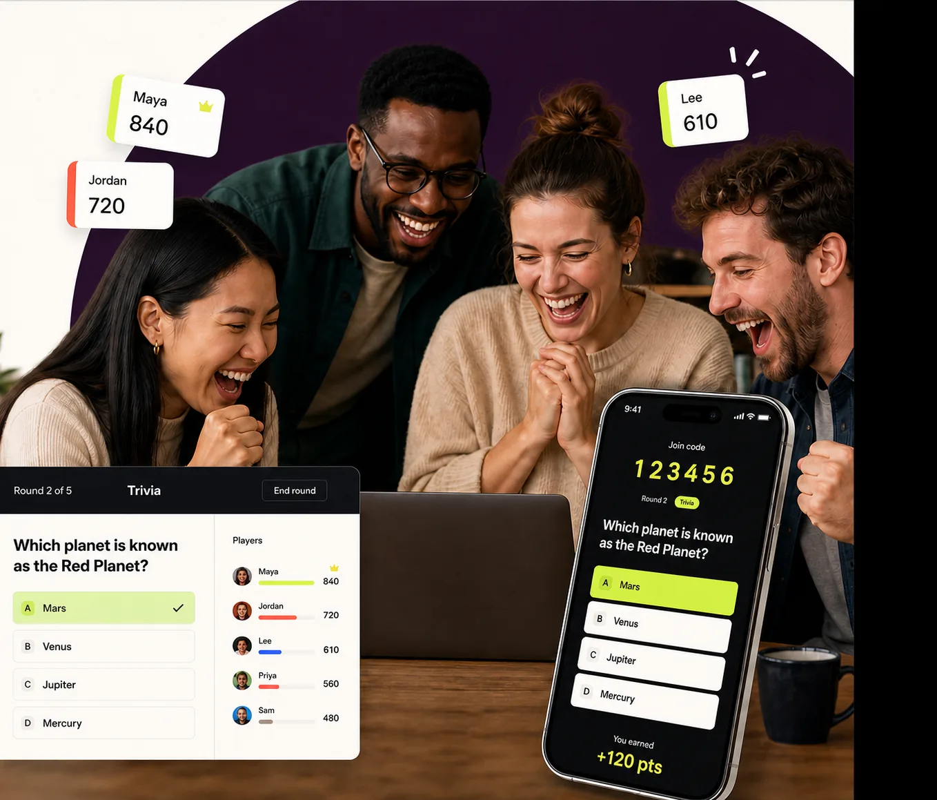 Friends playing AgoroFie with a live trivia board and phone